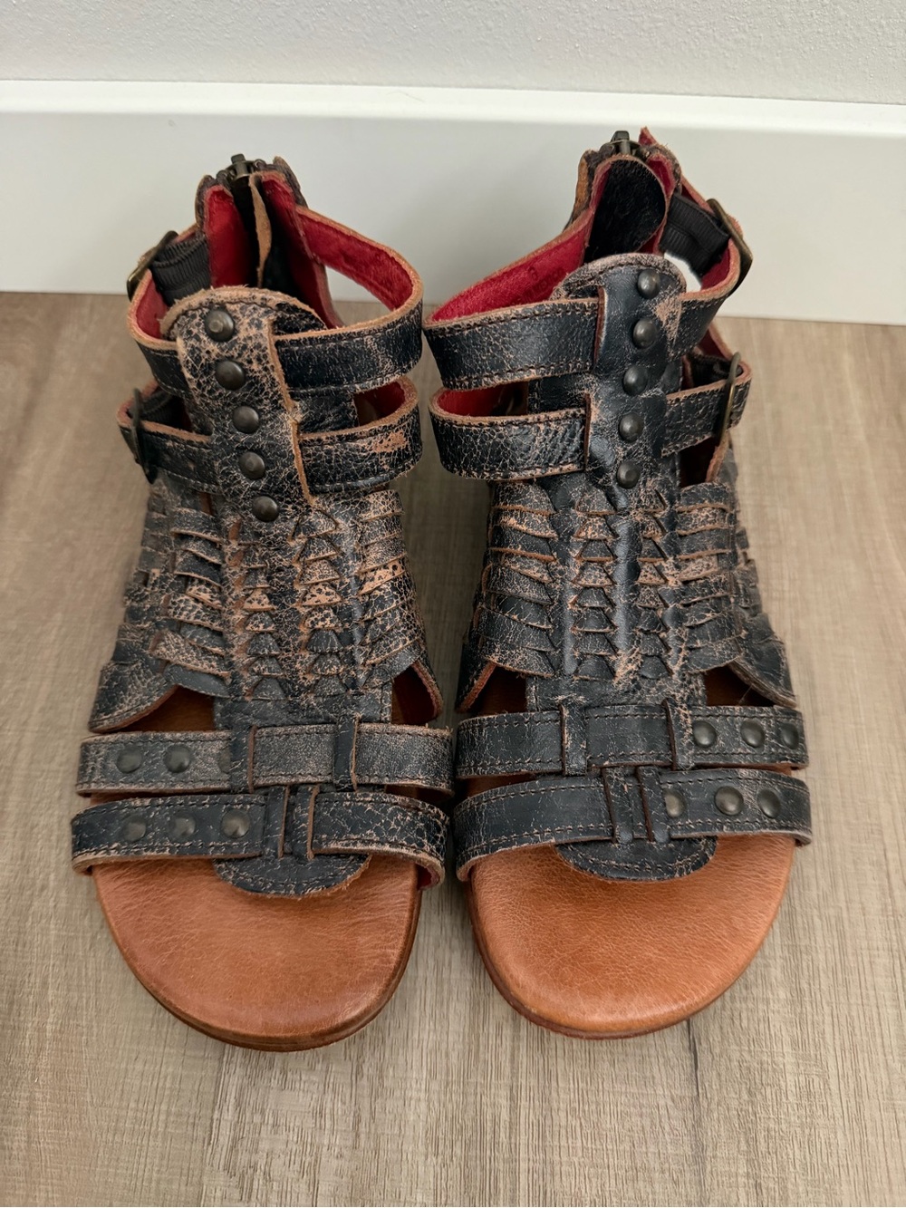 Bed Stu Black Distressed Leather Gladiator Sandals with Brown Footbed